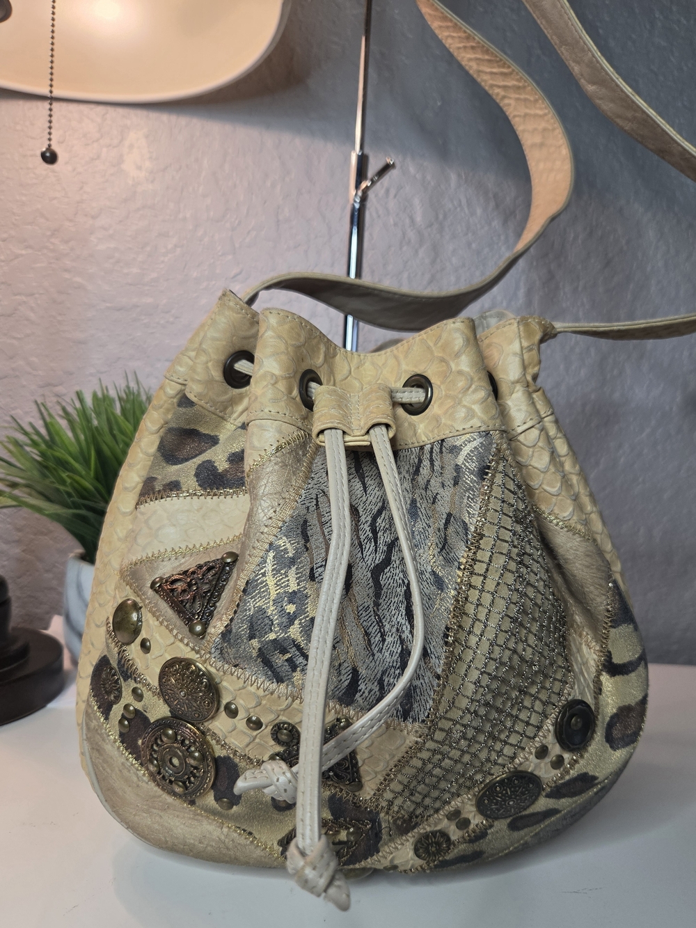 Vintage Brizzolari Patchwork Leather Bucket Bag Italy Boho 80s Glam